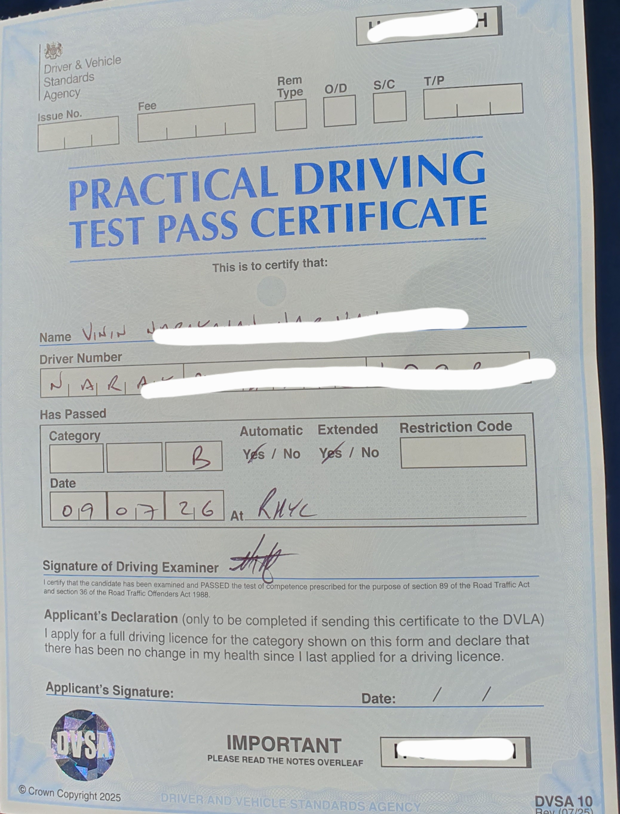 Driving Test Pass Certificate