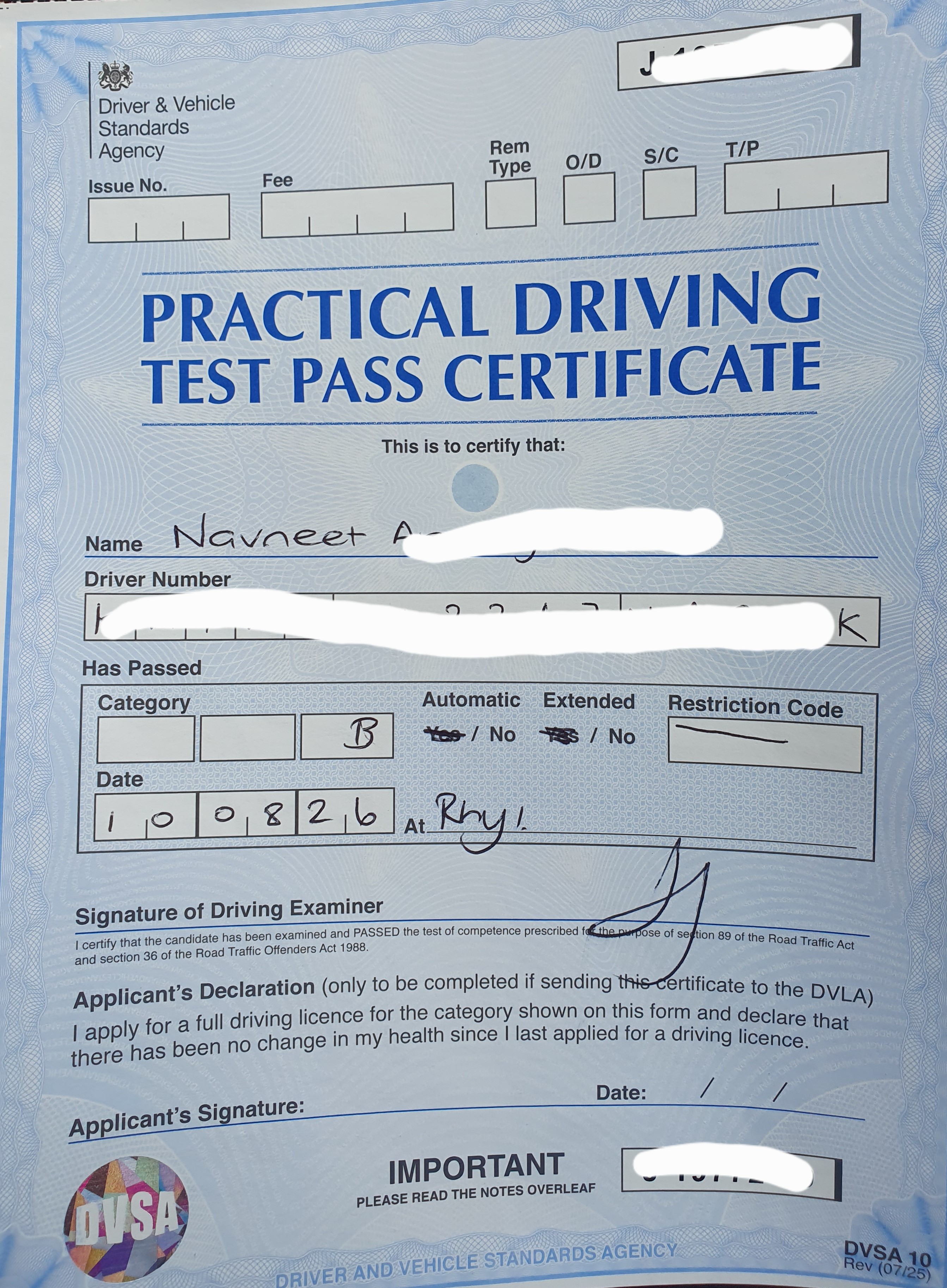 Driving Test Pass Certificate