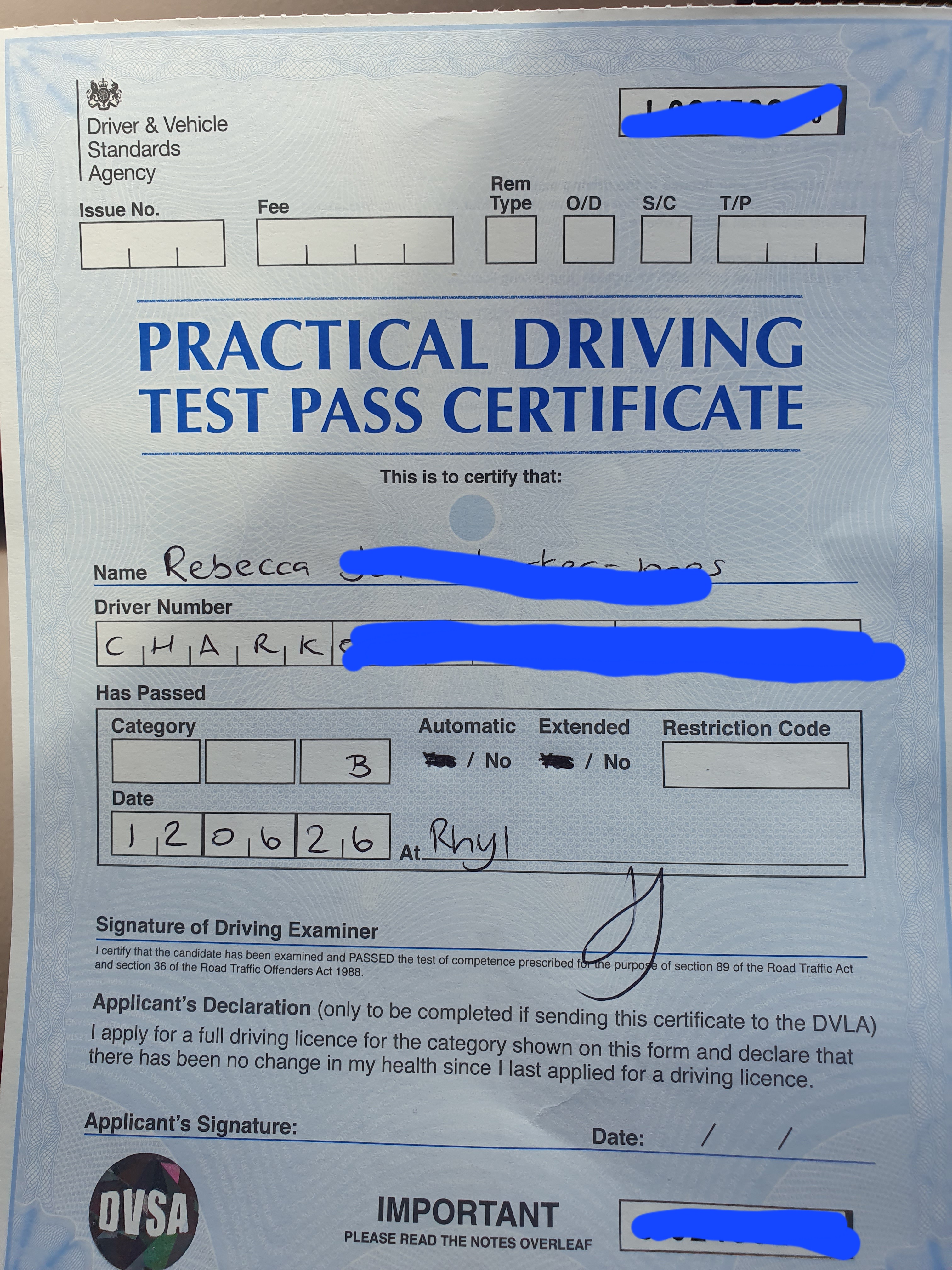 Driving Test Pass Certificate
