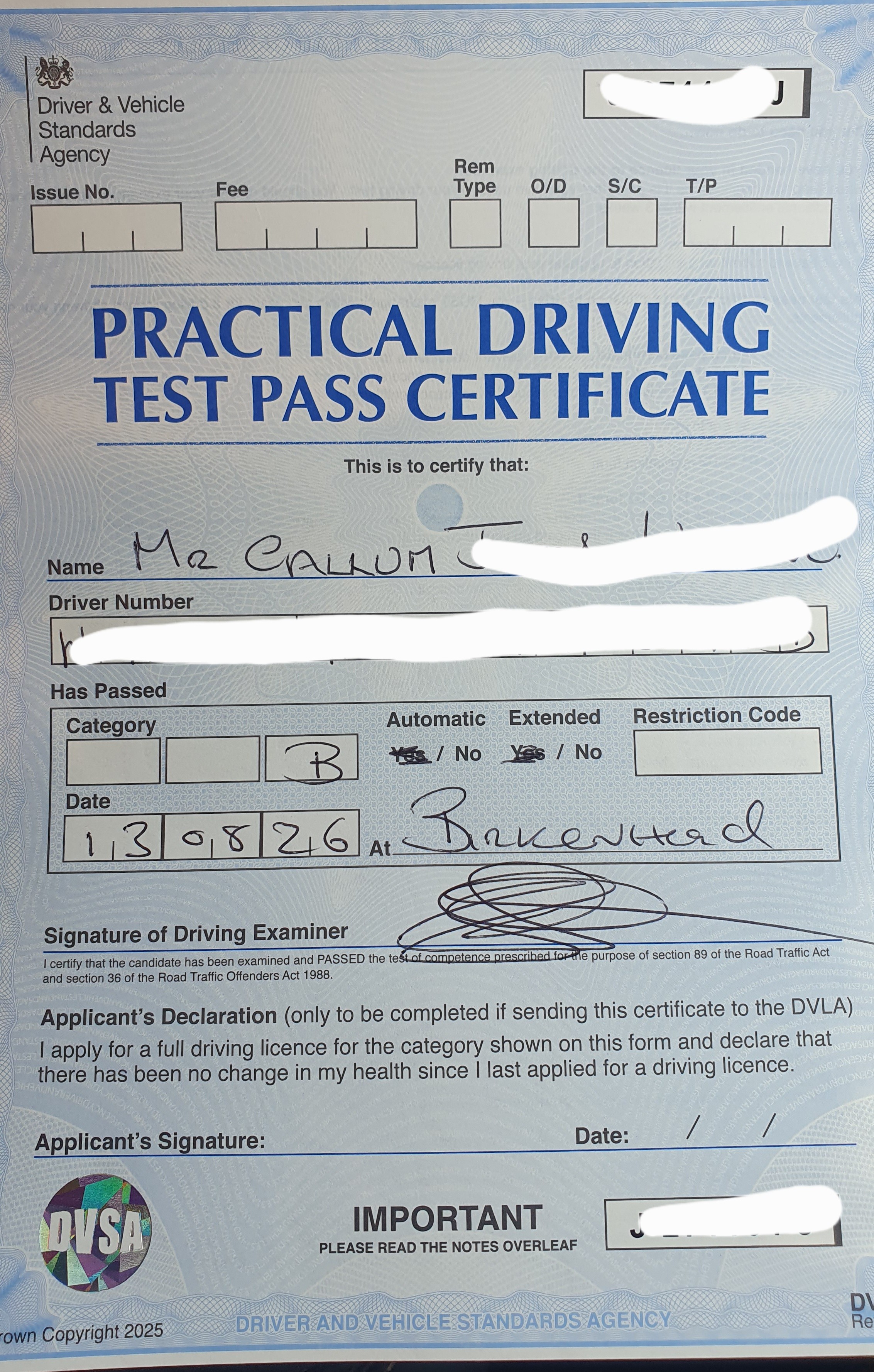 Driving Test Pass Certificate