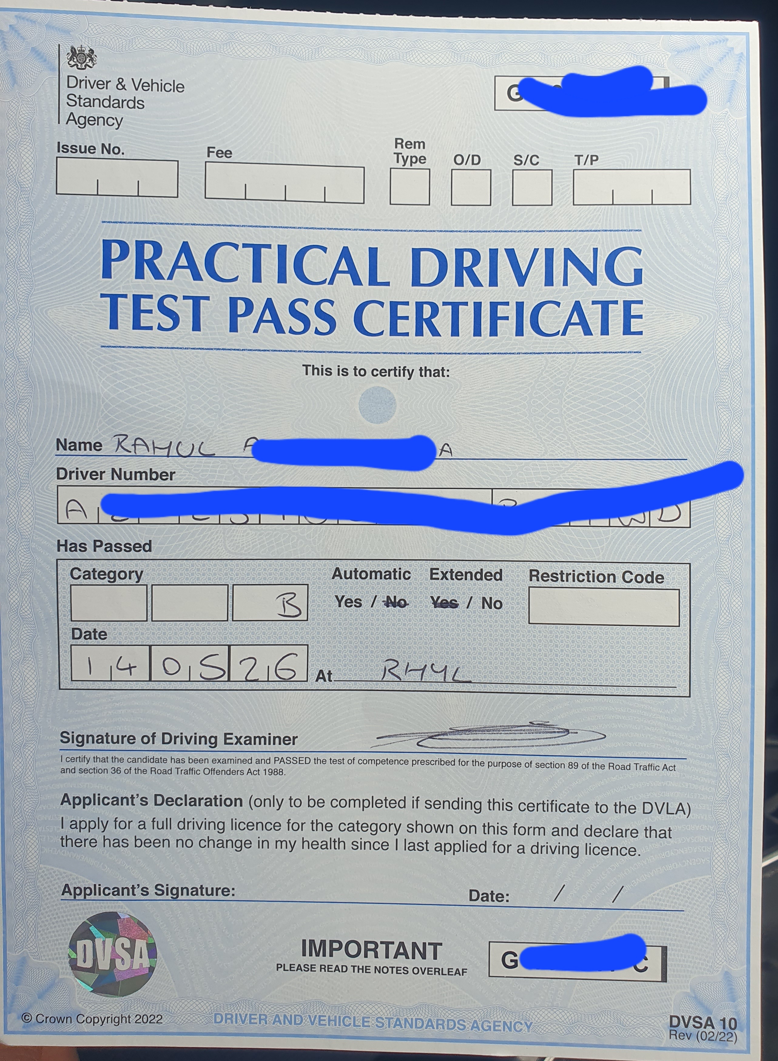Driving Test Pass Certificate