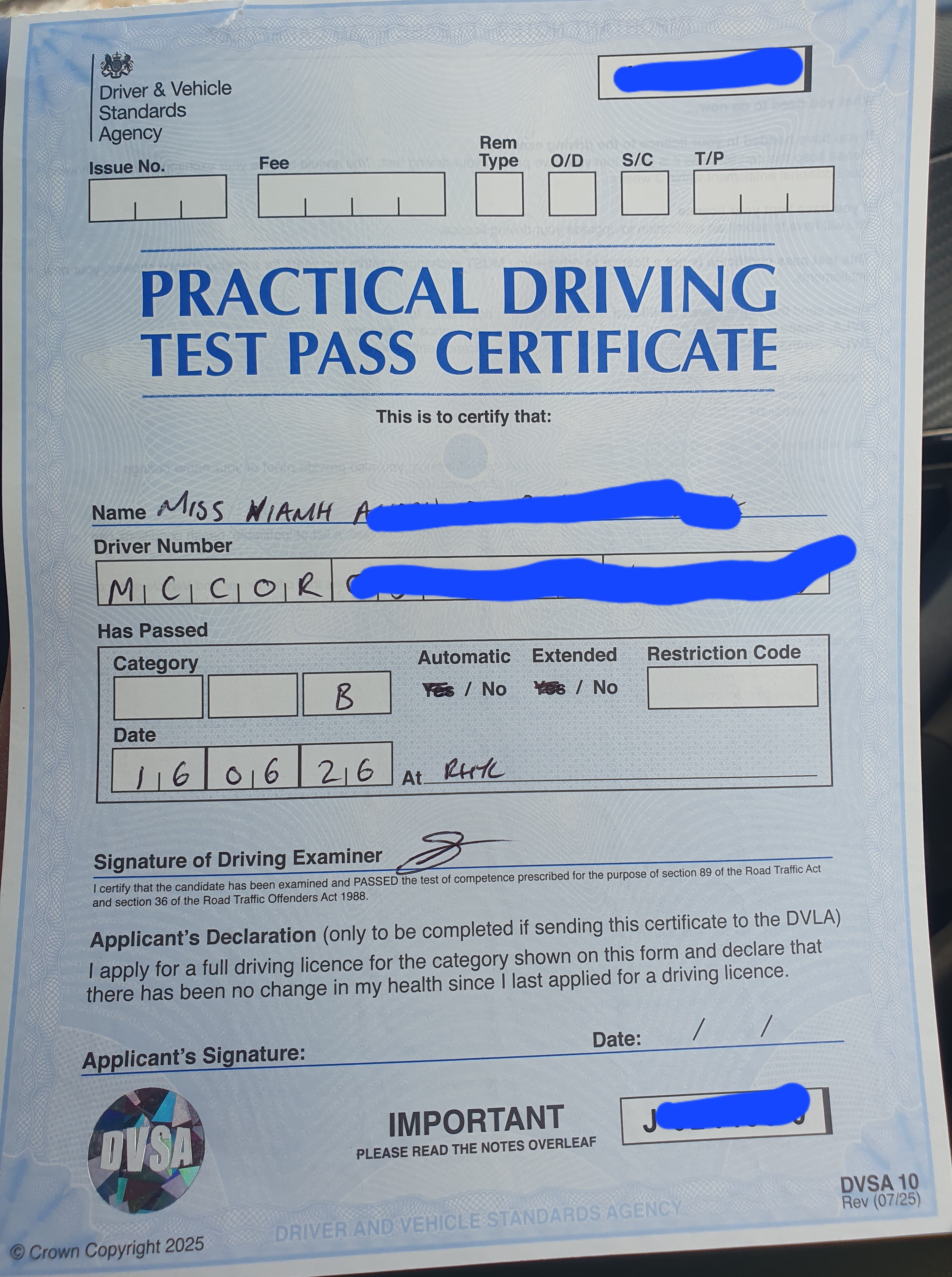 Driving Test Pass Certificate