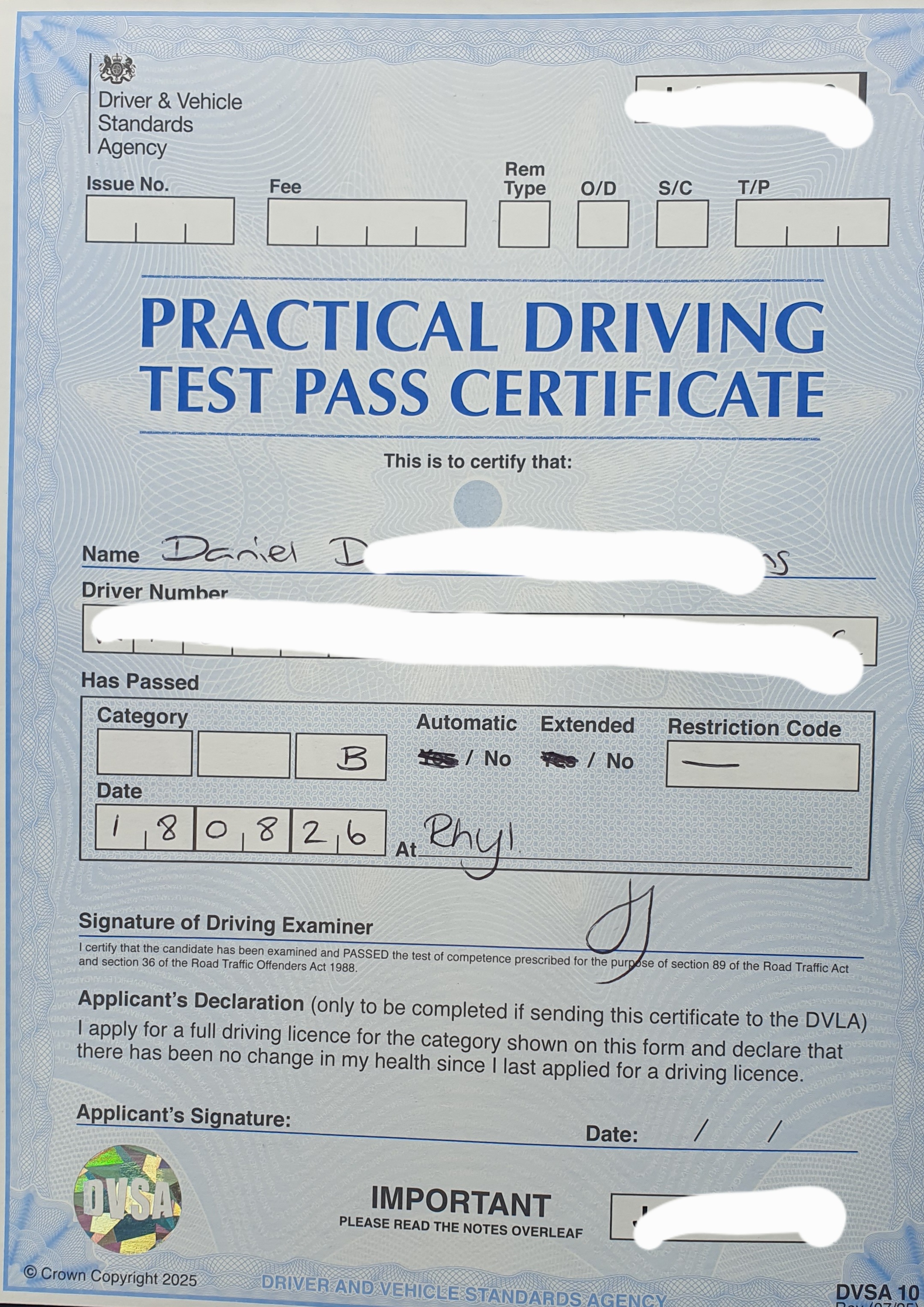 Driving Test Pass Certificate