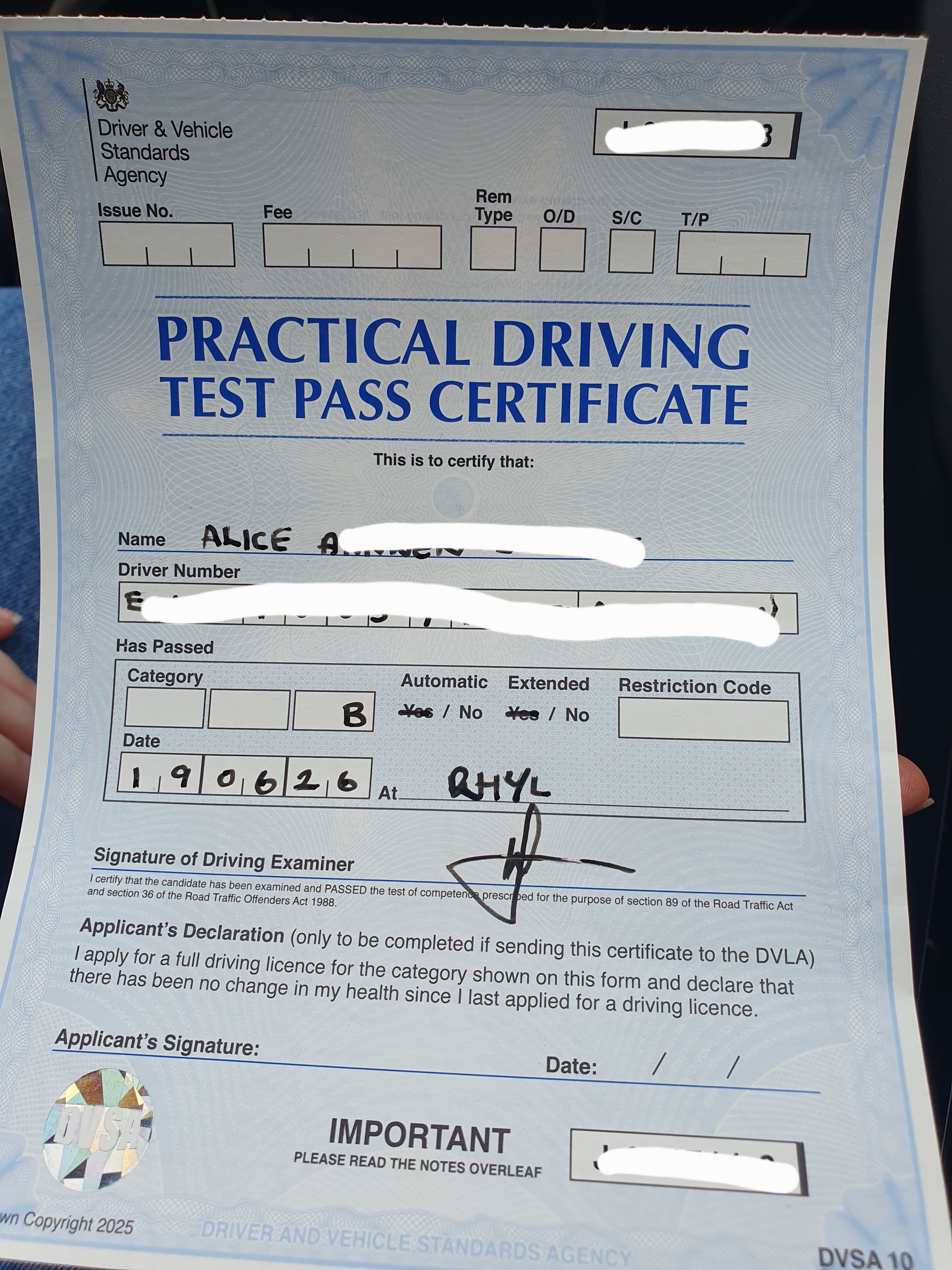 Driving Test Pass Certificate