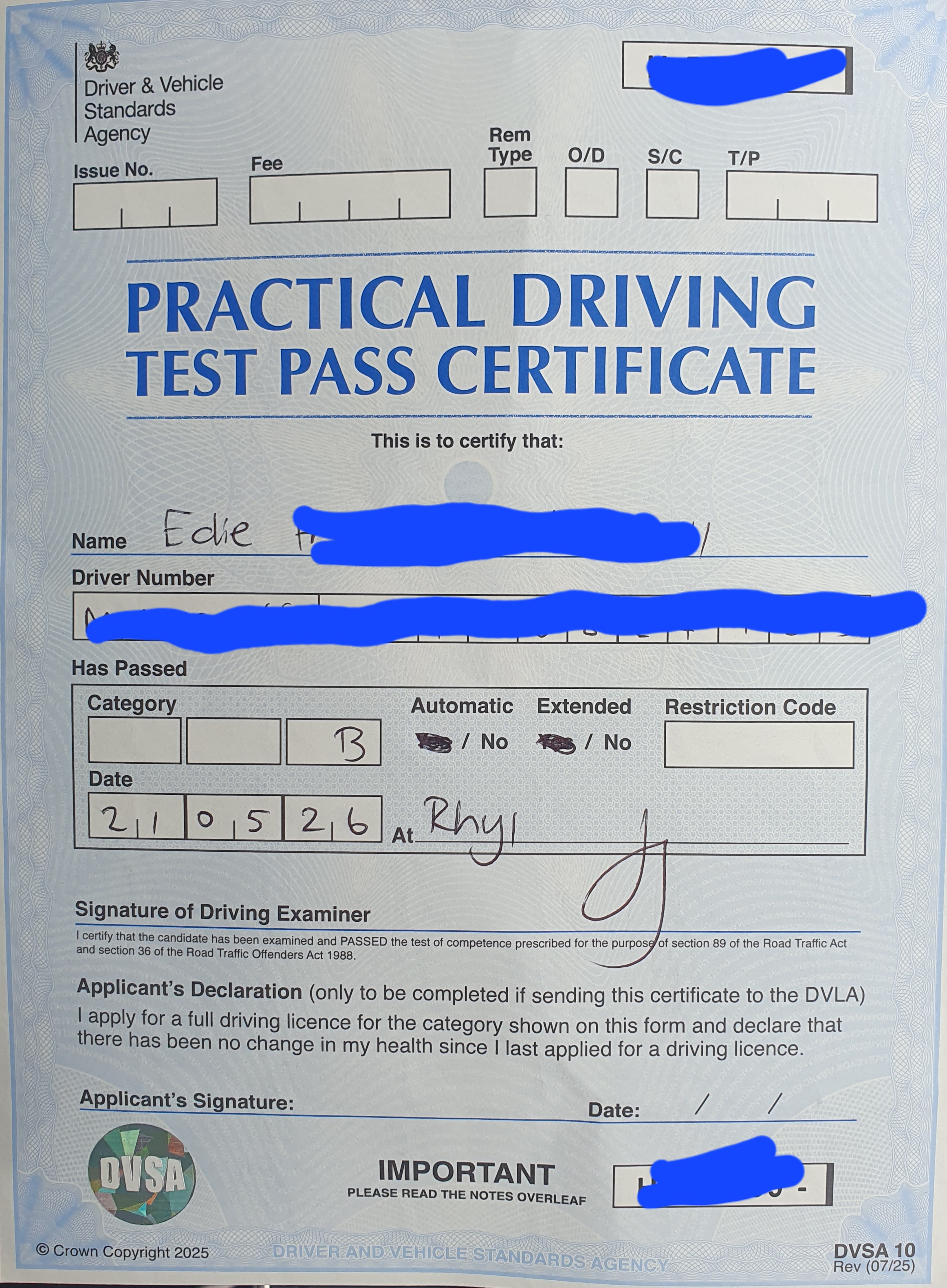 Driving Test Pass Certificate