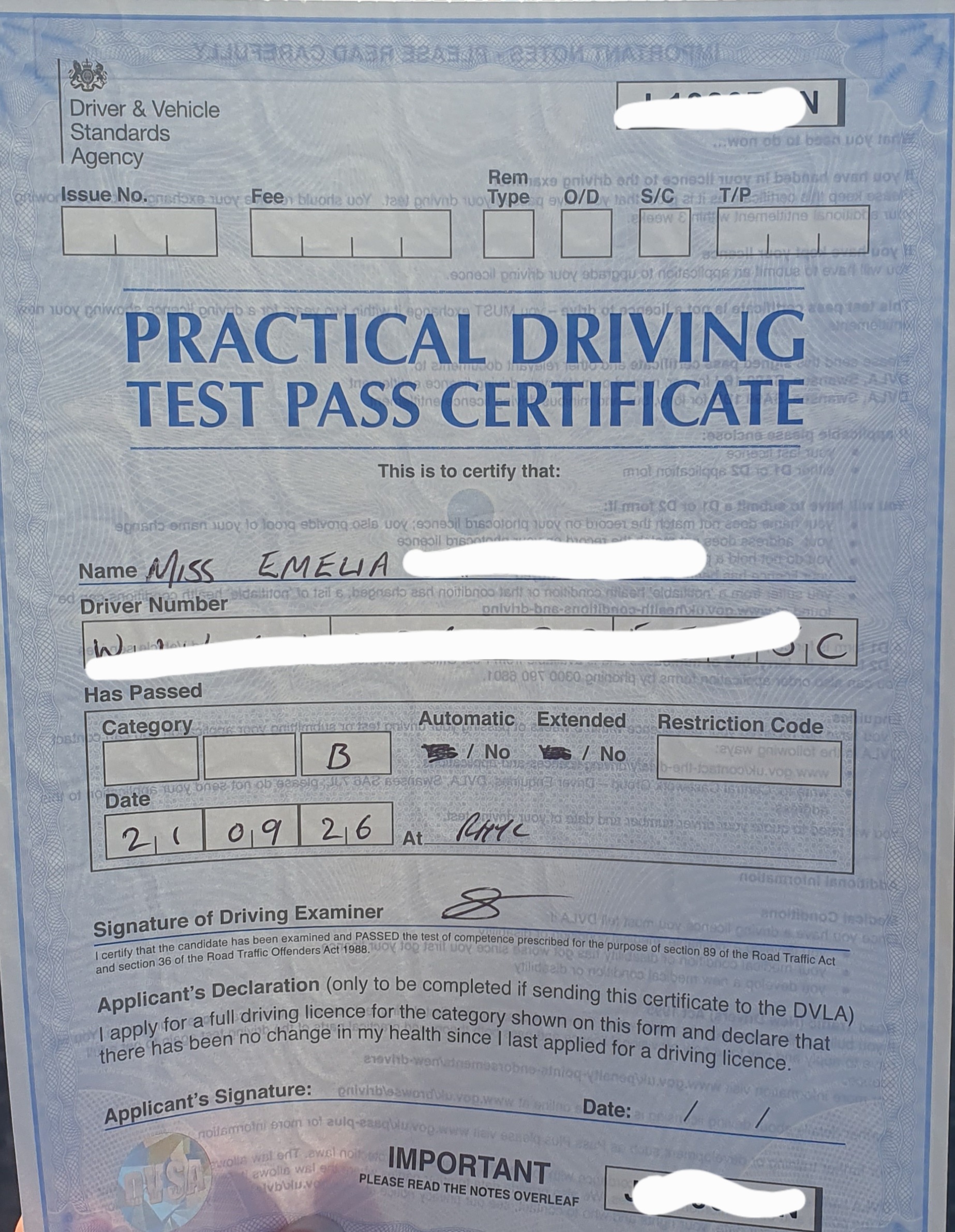 Driving Test Pass Certificate
